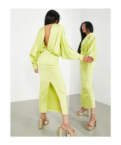 ASOS EDITION Womens satin drape batwing column maxi dress with v neck in chartreuse-Yellow