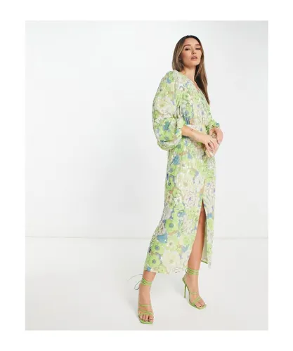 ASOS EDITION Womens sequin wrap midi dress in floral print-Multi - Green