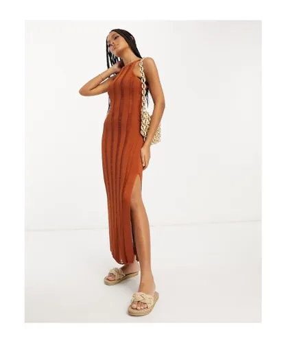 ASOS EDITION Womens strappy ladder knitted maxi dress in rust-Copper - Orange