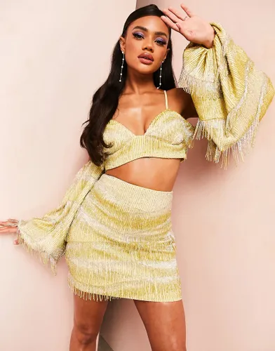 ASOS LUXE co-ord bardot puff sleeve fringe beaded top in yellow