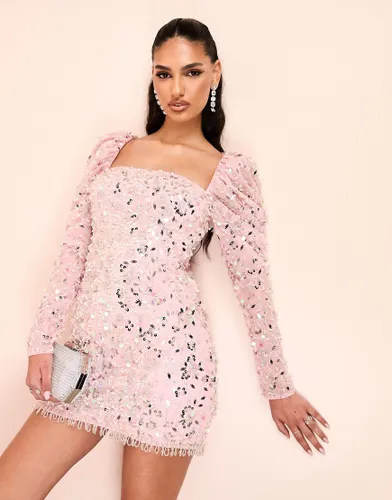 ASOS LUXE puff sleeve sequin embellished long sleeve mini dress in pink
