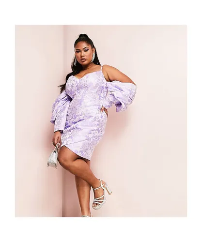 ASOS LUXE Womens Curve bardot sleeve mini dress in purple jacquard