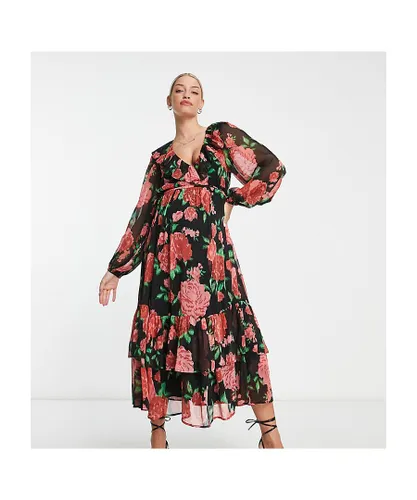 ASOS Maternity Womens DESIGN tiered maxi dress with frills in red floral print-Multi - Black