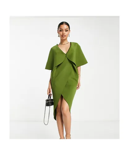 ASOS Petite Womens DESIGN cape detail pleated wrap midi dress in olive-Green