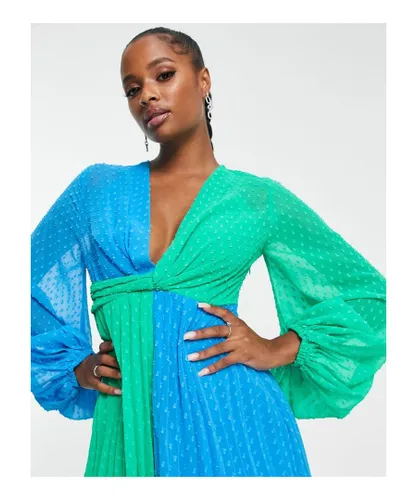 ASOS Petite Womens DESIGN dobby twist front pleated midi dress in green and blue colourblock-Multi