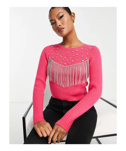 ASOS Petite Womens DESIGN jumper with embellished stones and fringe detail in pink Acrylic/Polyamide