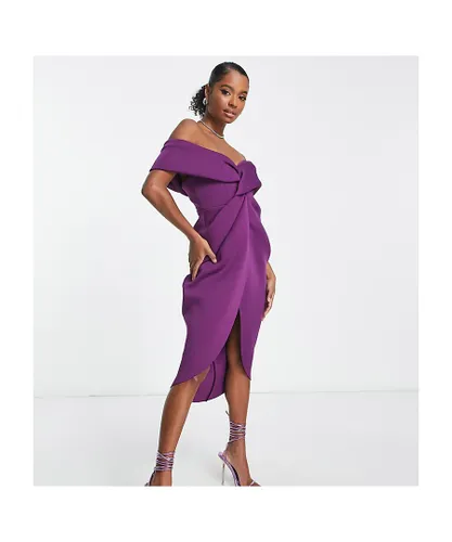 ASOS Petite Womens DESIGN off shoulder twist front midi dress in grape-Purple