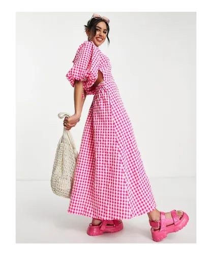 ASOS Petite Womens DESIGN open back puff sleeve maxi dress in textured pink gingham-Multi