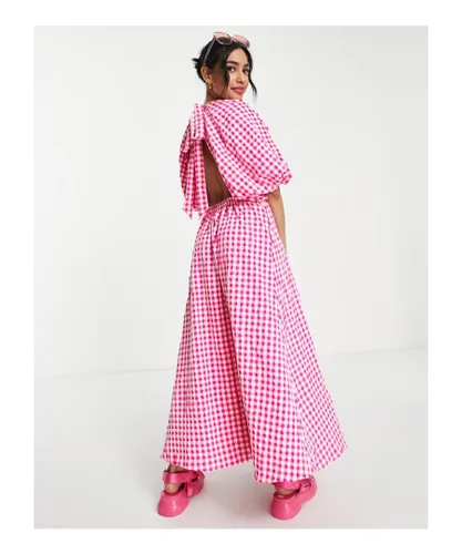 ASOS Petite Womens DESIGN open back puff sleeve maxi dress in textured pink gingham-Multi