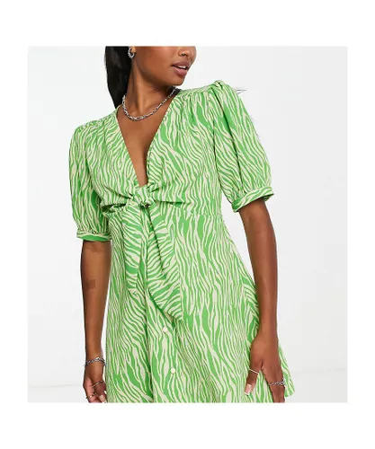 ASOS Petite Womens DESIGN tie front button through mini dress in green animal print-Multi