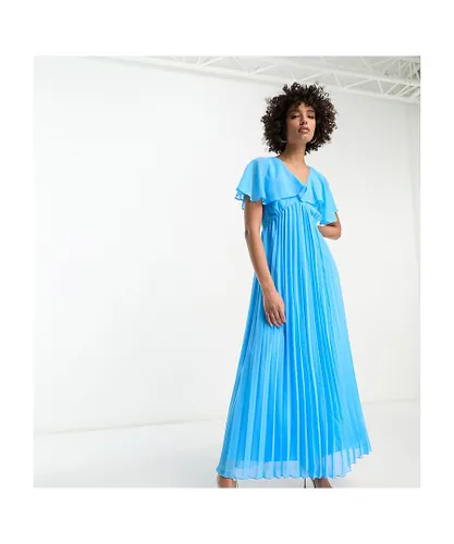 ASOS Tall Womens DESIGN angel cape sleeve pleated hem maxi dress in blue - Sky Blue