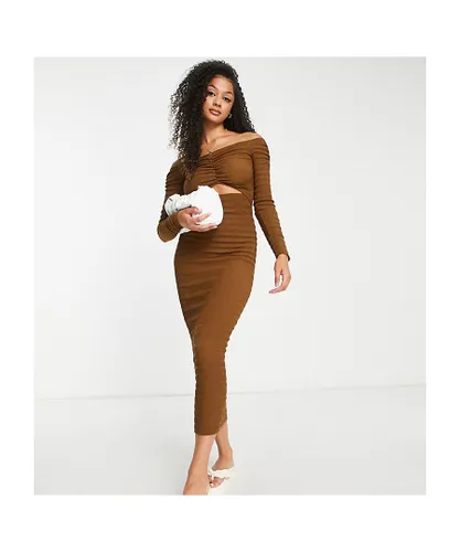 ASOS Tall Womens DESIGN bardot crinkle midi dress in brown