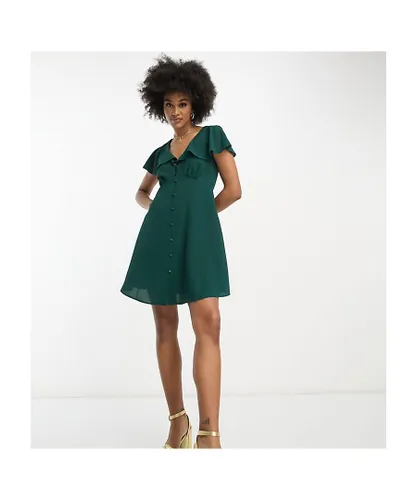 ASOS Tall Womens DESIGN flutter sleeve mini tea dress with buttons in bottle green