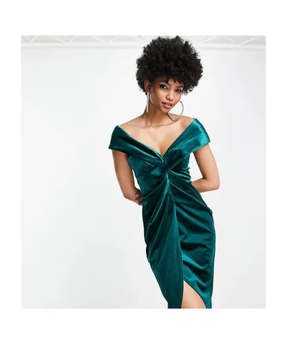 ASOS Tall Womens DESIGN off shoulder twist front wrap velvet midi dress in green