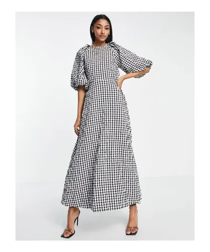 ASOS Tall Womens DESIGN open back puff sleeve maxi dress in textured mono gingham-Multi - Black/White