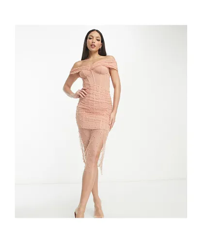 ASOS Tall Womens DESIGN pearl mesh corset bardot midi dress in dusky pink-Multi