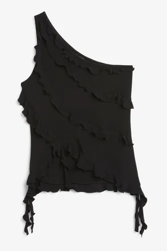Asymmetric frilled one-sleeve top - Black