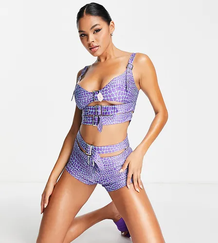 ASYOU buckle front strap booty short in neon croc print-Purple