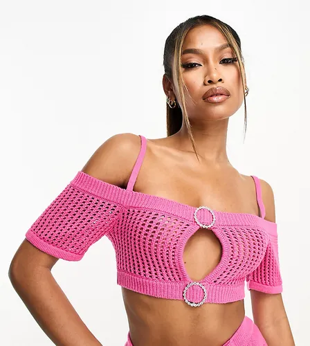 ASYOU knitted off the shoulder crochet bralet co-ord with diamante trim in pink