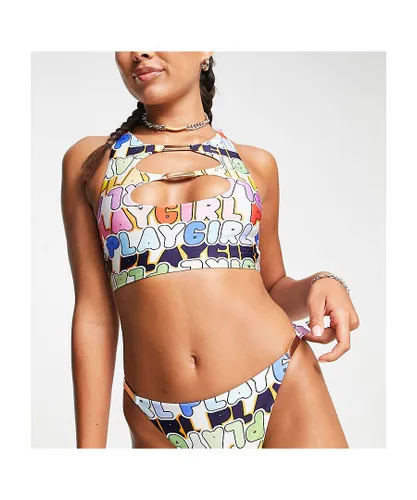 AsYou Womens high leg hipster bikini bottom in playgirl graphic print-Multi - Multicolour