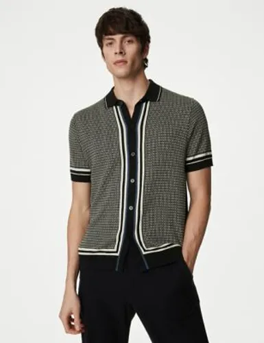Autograph Mens Cotton Rich Geometric Knitted Polo Shirt - XLLNG - Black Mix, Black Mix