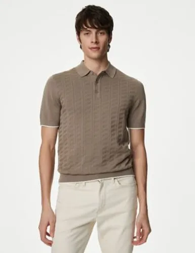 Autograph Mens Cotton Rich Textured Knitted Polo Shirt - MLNG - Taupe, Taupe