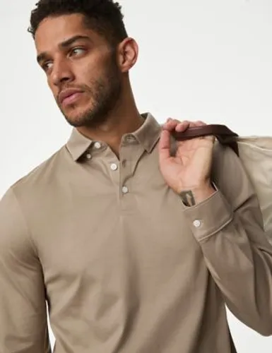 Autograph Mens Pure Supima® Cotton Long Sleeve Polo Shirt - LREG - Fawn, Fawn,Dark Navy,White