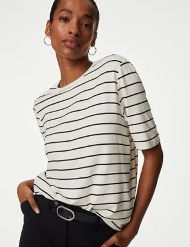 Autograph Womens Jersey Striped Round Neck Relaxed T-Shirt - 8 - Navy Mix, Navy Mix