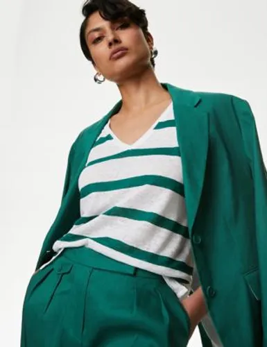 Autograph Womens Pure Linen Striped T-Shirt - 12 - Green Mix, Green Mix