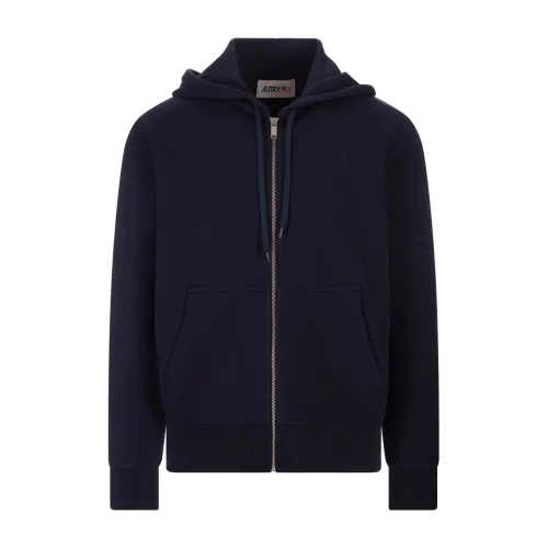 Autry , Blue Zipped Hoodie with Logo Embroidery ,Blue male, Sizes: