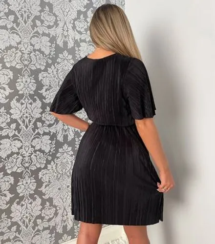 AX Paris Black Plissé Short Sleeve Belted Mini Wrap Dress New Look
