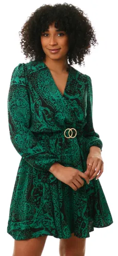 Ax Paris Green Printed Wrap Over Belted Long Sleeve Skater Dress