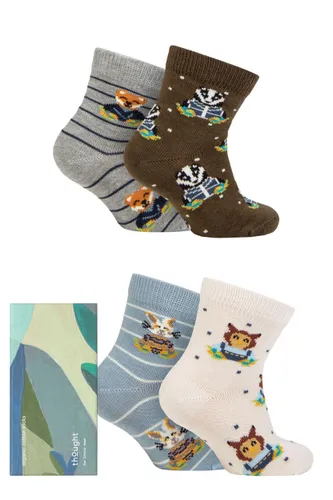 Babies and Kids 4 Pair Thought Ash Organic Cotton Animal Gift Boxed Socks Multi 0-12