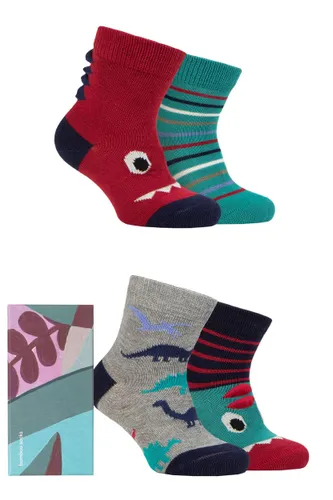 Babies and Kids 4 Pair Thought Deano Bamboo Dinosaur Gift Boxed Socks Multi 12-24 Months