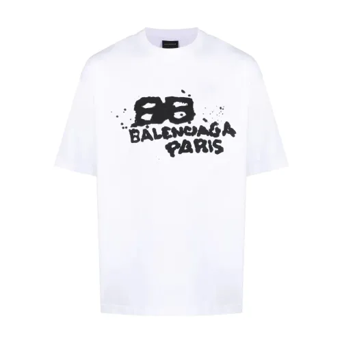 Balenciaga , Balenciaga Hand Drawn BB Icon T-Shirt Medium Fit Vintage Jersey White Black ,White male, Sizes: