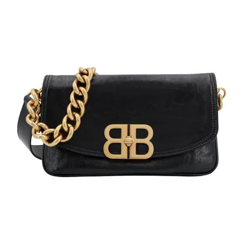Balenciaga , Black Leather Shoulder Bag with Flap ,Black female, Sizes: ONE SIZE