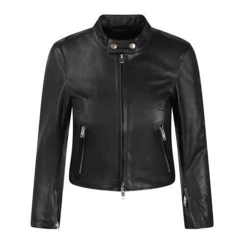Balenciaga , Slim Fit Leather Crop Jacket ,Black female, Sizes: