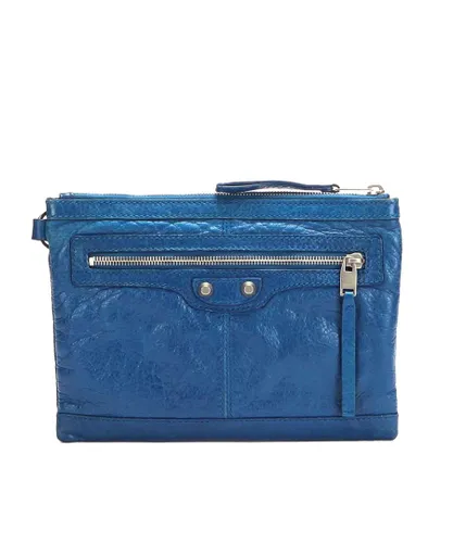 Balenciaga Womens Vintage Motocross Classic Clip Leather Clutch Bag Blue - One Size