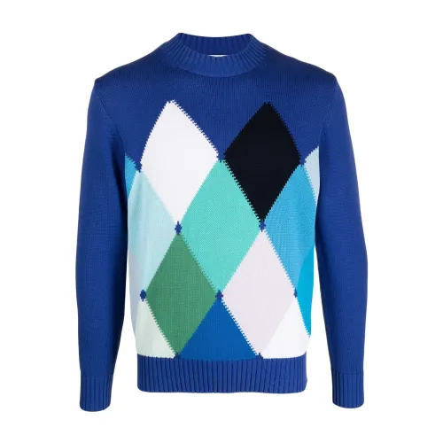 Ballantyne , Blue Diamond Pattern Cotton Sweater ,Blue male, Sizes: