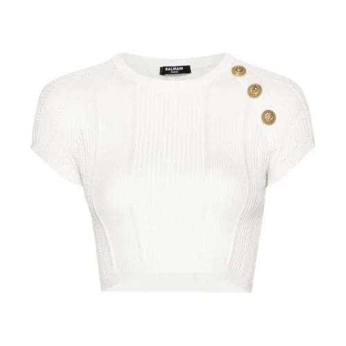 Balmain , 3-Button open-knit cropped top ,White female, Sizes:
