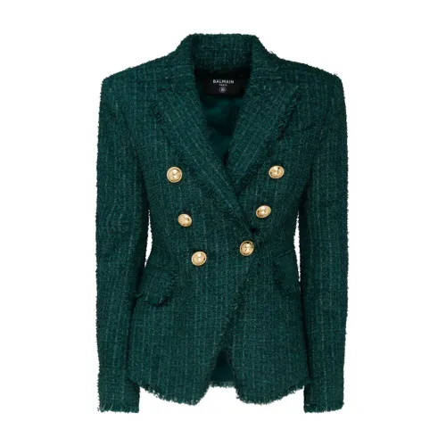 Balmain , 6-button tweed jacket ,Green female, Sizes: