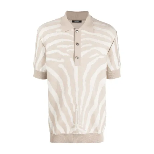 Balmain , Ao zebra knitted polo shirt ,Beige male, Sizes: