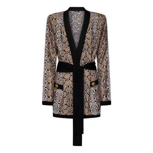 Balmain , Beige Python Jacquard Sweater with Belt ,Multicolor female, Sizes: