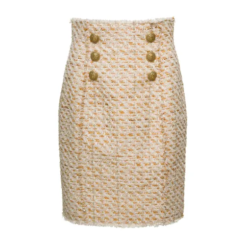Balmain , Beige Tweed Skirt with Golden Buttons ,Beige female, Sizes: