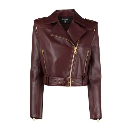 Balmain , Belted leather biker jacket ,Pink female, Sizes: