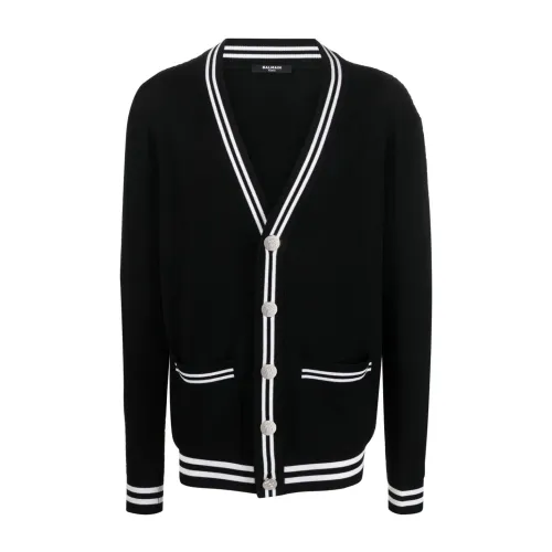 Balmain , Black Cardigan with Button Closure and Striped Contrast Details ,Black male, Sizes: