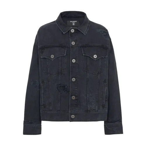 Balmain , Black Cotton Ripped Detailing Jacket ,Gray male, Sizes: