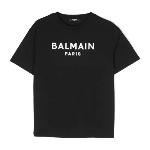 Balmain , Black Cotton T-shirt with Logo Print ,Black male, Sizes: