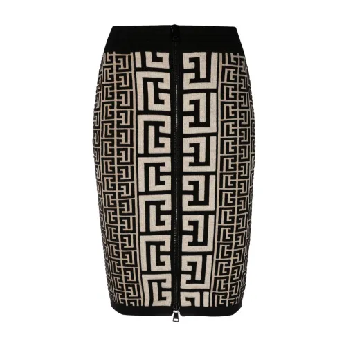 Balmain , Black Intarsia-Knit Midi Skirt ,Black female, Sizes: