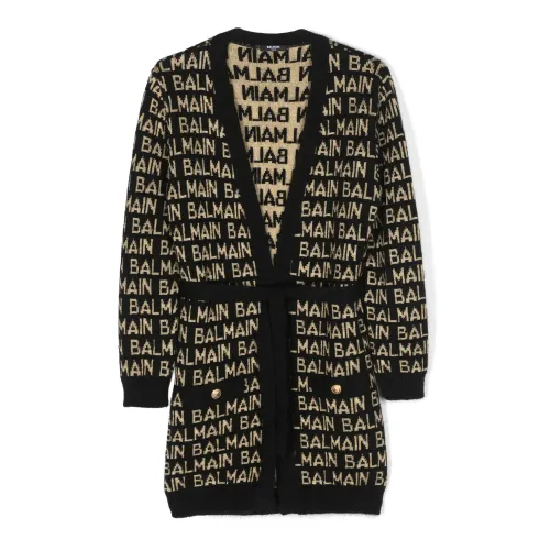Balmain , Black Knit Cardigan with Gold Logo Buttons ,Black female, Sizes: